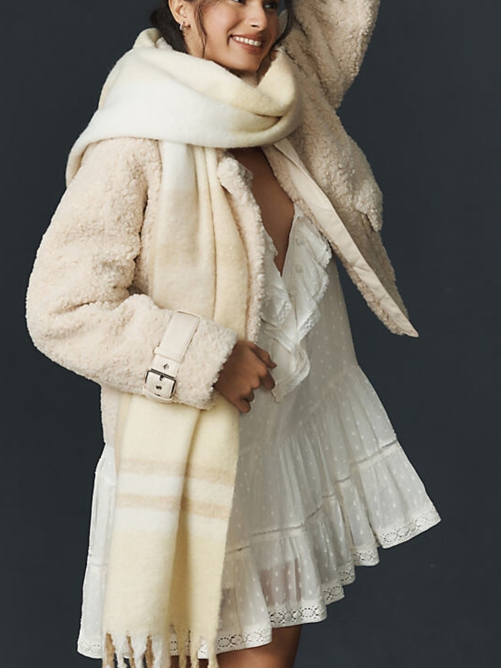 Anthropologie Cream & Beige Gradient Fringe Scarf Giant Wrap Cozy Fall Winter